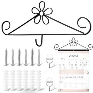 Otoolling Calendar Hanger for Wall 13.8 Inch Metal Wire Scroll Black Calendar Frame with Six Expansion Screws and Transparent Adhesive Hooks Frame for Classroom Home Office Wall (Flower)