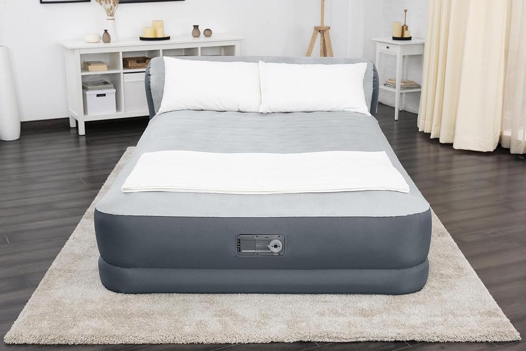 SleepLux Queen Air Mattress with Headboard | Supersoft Snugable Top, Extra Durable Tough Guard | Raised Airbed with Built in Pump + USB Charger (90"x60"x29") Grey