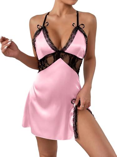 LYANER Women's Satin Lace V Neck Chemise Lingerie Split Slit Babydoll Nightgown Nightdress Sleepwear Solid Pink Small