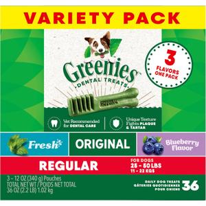 Greenies Regular Dental Dog Treats, 3-Flavor Variety Pack, (3) 12 oz. Pouches, 36 Total Treats, BB 09/10/2026