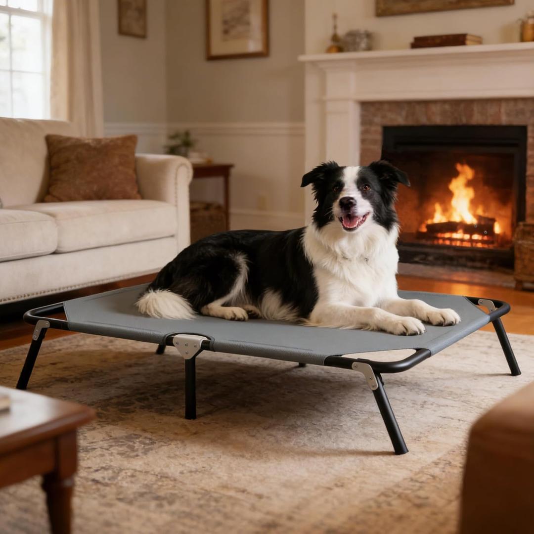 Folding Elevated Dog Bed for Large Dogs, Portable Raised Camping Outdoor Dog Bed, Washable Elevated Pet Beds with No-Slip Feet, Raised Cooling Pet Beds for Indoor & Outdoor Use, Grey, 44 Inches