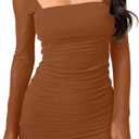 oten Women Mesh Long Sleeve Square Neck Mini Dress Sexy Ruched Bodycon Cocktail Club Party Short Dresses (Small, Brown)
