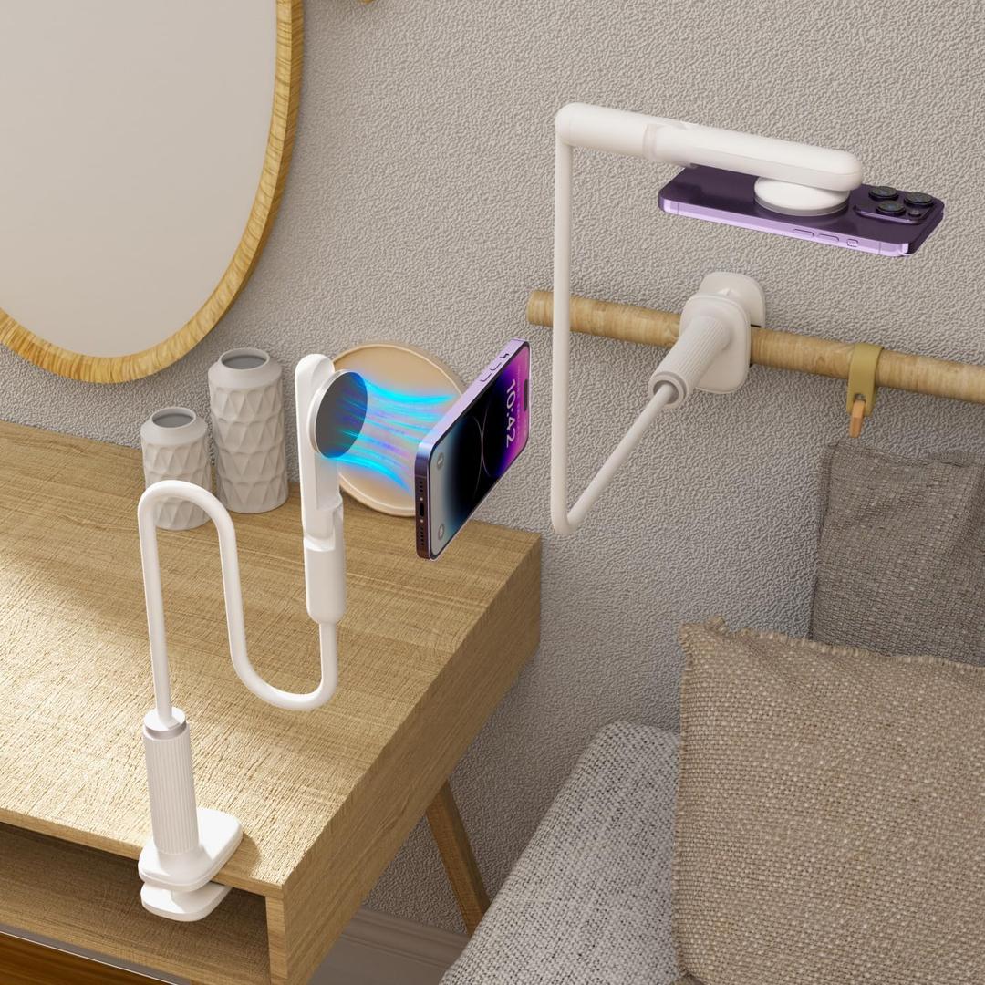 LA-5 90cm/35 Inch Magnetic Phone Holder Gooseneck Arm Mount for Bed & Desk, 360 Rotating Overhead Stand Compatible with iPhone 16/15/14 Pro Max, Great for Streaming & Zoom (White)