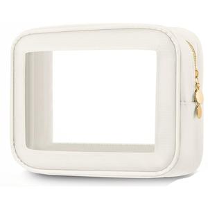 SANECUN Abbylike Clear Makeup Bag with Zipper Toiletry Bags for Car Essentials Nylon Cosmetic Pouches PVC Transparent Storage Pouch Travel Portable Organizer for Christmas Women Gift (Cream White, Small)