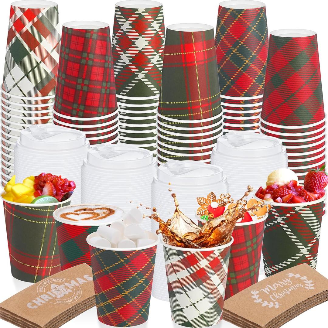 Jingmore 60 Sets Christmas Disposable Coffee Cups with Lids and Sleeves 12 oz Paper Coffee Cups Christmas Buffalo Plaid Coffee Cups for Hot Cold Drinks Tea Beverage Christmas Party Supplies, Red