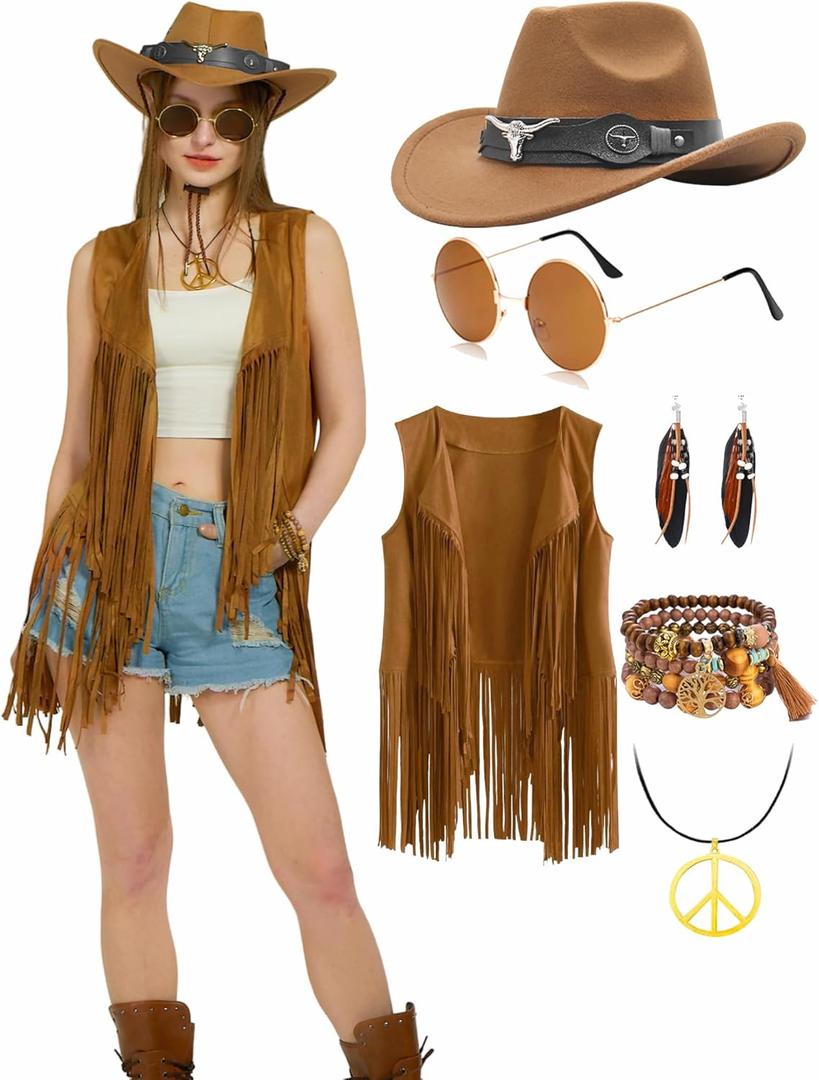 6 PC Cowgirl Western Outfits for Women Retro Cowgirl Costumes Fringe Vest Cow Girl Hat for Women Country 70s Hippie Outits (Medium, Brown)