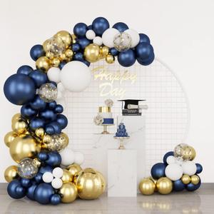 Holicolor 174pcs Navy Blue Gold Balloons Garland Arch Kit, Metallic Gold Latex White Confetti Mixed Sizes Balloons Foil Balloons for Baby Shower Birthday Party Wedding Graduation Decoration