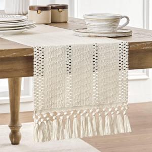 ZeeMart Macrame Style Boho Table Runner, Ivory Table Runners 90 Inches Long, Farmhouse Woven Home Decor, 12x90 Inch (12x98 Tassel Included), Ivory
