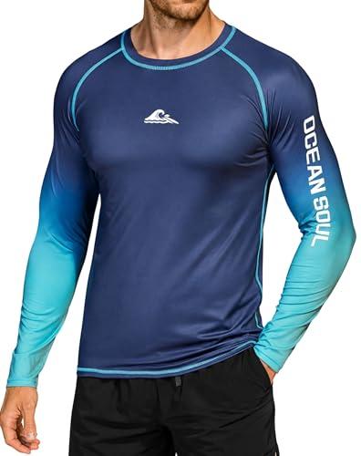 ERECT PEAK Men's Rash Guard Casual Raglan Swimwear Shirt Soft Activewear UPF 50+ SPF Sun UV Protection Long Sleeve Beach Surf Athletic Quick Dry Fit Moisture Wicking Slim Muscle Navy-Turquoise L