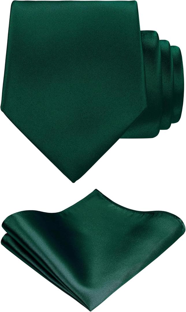 TIE G Solid Satin Woven dyed Color Formal Black Necktie and Pocket Square Sets in Gift Box (Green)
