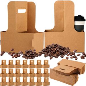 Nuogo 50 Pack 2 Cup Drink Carrier Handled Drink Carrier Holder Disposable Cup Holder Paper Cup with Handle Take Out to Go Coffee for Restaurants Food Delivery