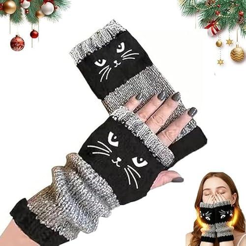 RWSEFK Women’s Knitted Fingerless Gloves with Cat Embroidery,Thick Warm Winter Gloves,Essential for winter travel (black)
