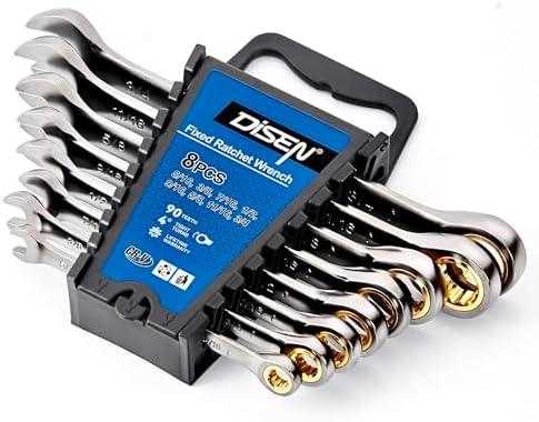 DISEN Ratcheting Wrench Set SAE Upgraded Open&Box End 90 Teeth 5/ 16", 3/ 8", 7/ 16", 1/ 2", 9/ 16", 5/ 8", 11/ 16", 3/ 4" Combination Ratchet Wrenches with Organizer, Black Nickel Coated, CR-V Steel (8PCS)
