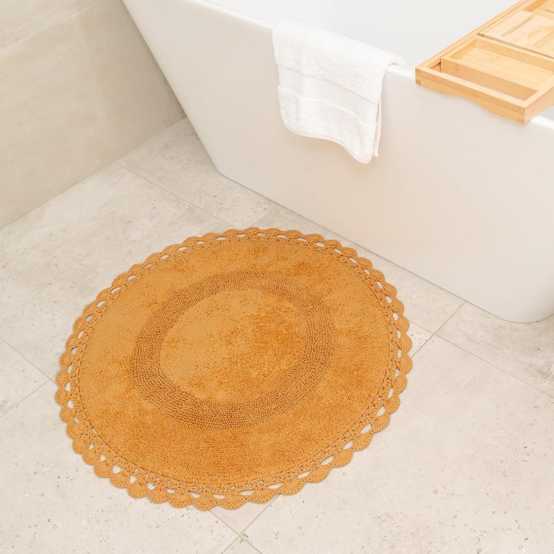 Unique Round Boho Bath Mat with Crochet Contour - 100% Cotton Bathroom Rugs -Reversible - Decorative Non-Slip Bohemian Rug for Bath and Bedroom - Cute Boho Decor - Yellow Mustard 30"