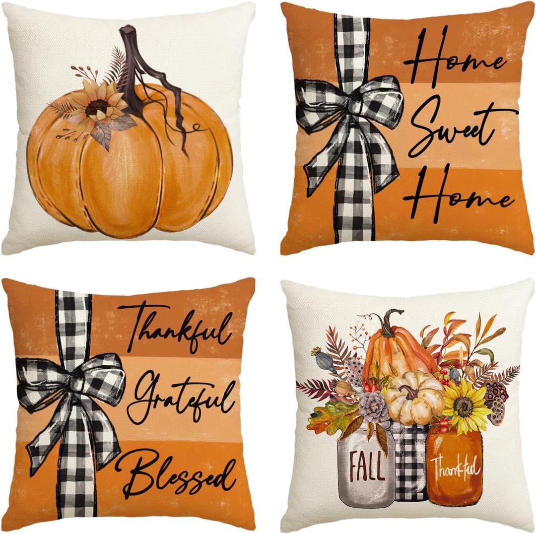 AVOIN colorlife Fall Pumpkin Home Sweet Home Throw Pillow Covers, 18 x 18 Inch Autumn Thankful Grateful Blessed Harvest Floral Orange Decorations for Sofa Couch Set of 4