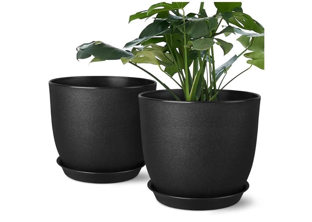 Ferlypote Plant Pots 8 Inch Set of 2, Flower Pots with Multi Mesh Drainage Holes, Planters for Indoor Outdoor Garden Plants and Flowers (Black)