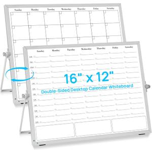 White Board Dry Erase Calendar Planner, Weekly Monthly Magnetic Schedule-Board with Time Slots, Portable Double-Sided Desktop Whiteboard with Stand for Planning, Memo, to Do List 16"12"
