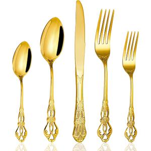 Cididu 40 Pieces Gold Silverware Set for 8, Retro Royal Utensils Set Gold, Stainless Steel Flatware Dinnerware Set Including Forks Spoons and Knives Cutlery Set for Kitchen Wedding Party
