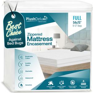 PlushDeluxe Full Size Premium Mattress Encasement - Zippered Waterproof, Bedbug Proof Design, 6-Sided Protection - Hypoallergenic Cotton Terry Fabric [9-12"] Depth