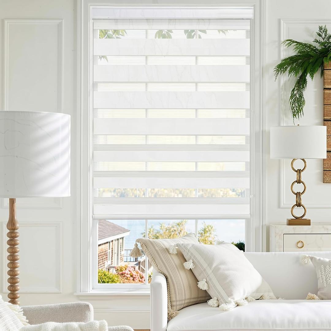 GHV Corded Zebra Blinds for Windows Blackout Dual Layer Privacy Shades for Indoor Windows Light Control for Day and Night Home Office (White, 28 in(W) x 64 in(H)