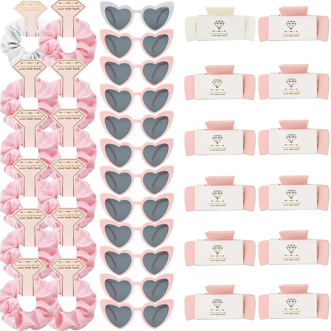 Bridesmaid Scrunchies Proposal Hair claws clips Set of 12 Bridal Shower heart sunglasses Gifts for Wedding Bachelorette Party Favors (36pcs White&Pink)
