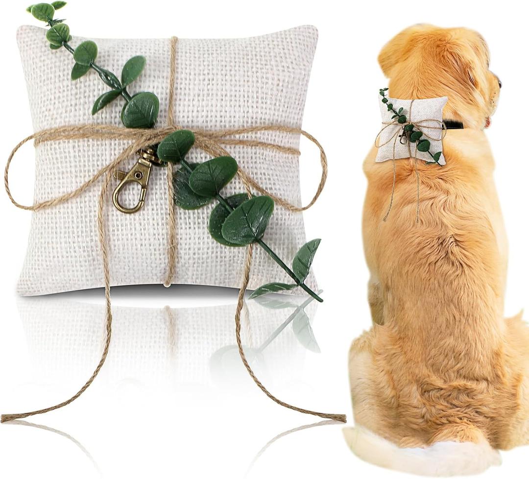 Yunlly 5'' x 5'' Dog Ring Bearer Wedding Pillows with Ring Clasp Off for Dog Collar White Burlap Holder with Greenery for Engagement Wedding Pet Accessory for Small Medium Large Pets
