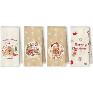 Beige Christmas Gingerbread Kitchen Towels, Cute Christmas Dish Tea Towels, Winter Snowflake Holiday Cookie House Decorative Hand Towel for Bakery Bathroom Kitchen, 16x24 Inch Set of 4