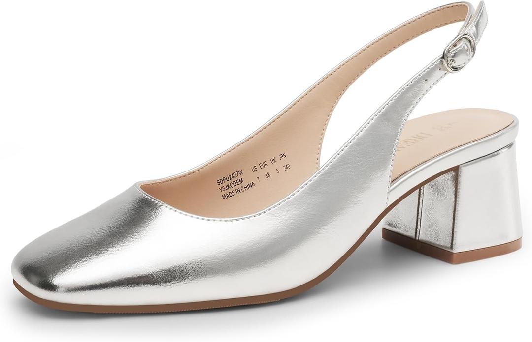 DREAM PAIRS Women's Low Chunky Heels Slingback Square Toe Block Dress Shoes Closed Toe Comfortable Wedding Work Pumps (8, Silver)