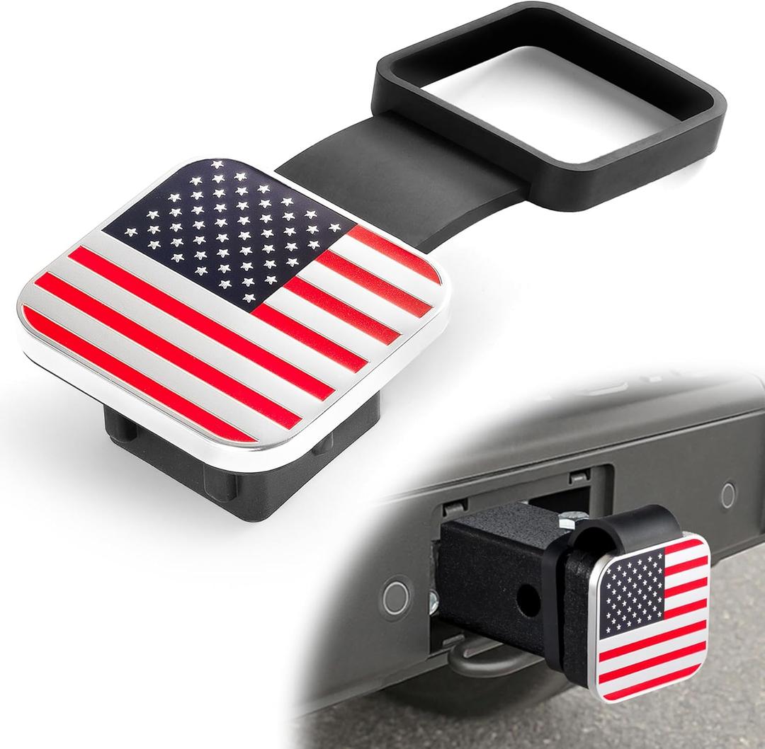 UYYE 2 Inch Rubber Trailer Hitch Cover, American Flag Rubber Hitch Tube Cover Plug Cap, Car Exterior Accessories Fits for Most Vehicles Hitch Receivers, Hitch Cover Tube Plug Cap (Silver-Red)
