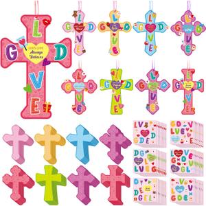 48 Set Religious Valentines Craft Kit DIY Christian Cross Crafts Sticker Romantic Make Your Own Jesus Ornament for Valentines Day VBS Art Project Home Party Activity