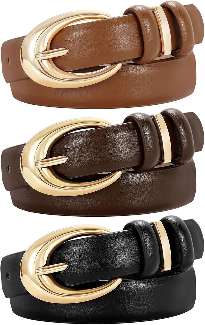 TRIWORKS 3 Pack Women Leather Belt for Jeans Pants Fashion Ladies Faux Leather Belt with Gold Buckle (Length:39.4''-Fit Waist Size 26"-31", Gold-black+brown+coffee)