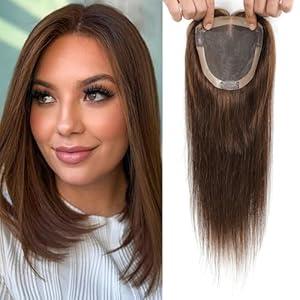 Hair Toppers for Women Real Human Hair 14 Inch No Bangs 65 Gram 100% Real Human Hair Toppers for Women with Thinning Hair 5x5 Hand-Tied Breathable Swiss Lace Base Blonde 3 Clips in Hair pieces,#18/613