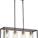 4-Light Kitchen Island Lighting, Farmhouse Pendant Island Light Fixture with Glass Shades, Black and Gold Chandelier for Dining Room, Restaurant, Foyer