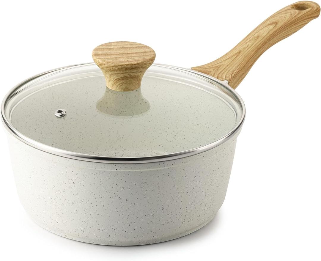 SENSARTE White Ceramic Nonstick Saucepan with Lid 2.0 Quarts, Small Cooking Pot with Stay Cool Handle, Induction Compatible Saucepot, White Granite Coating, Free of Intentionally Added PTFE/ PFOA/ PFAS