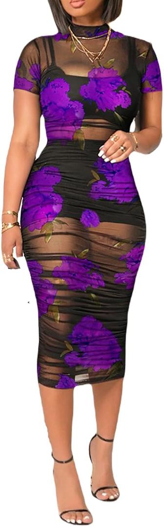 Mojessy Sheer Dress for Women Sexy Short Sleeve Ruched Mesh Bodycon Dress Adjustable Strap Top Mini Skirt 3 Piece Outfits Set (Small, Purple)