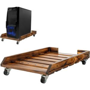 MyGift Rustic Solid Wood CPU Tower Stand  Deluxe PC Holder with Rolling Lockable Caster Wheels, Computer Case Floor Stand