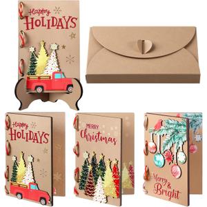 Colarr 3 Pcs Wooden Christmas Greeting Card Set Personalized Merry Christmas Greeting Card Gifts Handmade Blank Xmas Cards with Envelopes for Friends Family Xmas Party Favor Gifts
