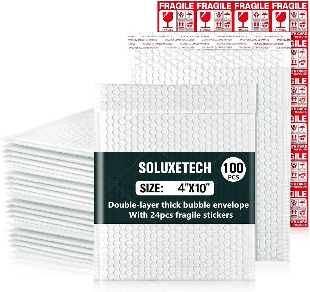 Bubble Mailers 4x10" 100 Pack and 24PCS Fragile Stickers White Thick Waterproof Padded Poly Envelopes Small Bubble Wrap Mailers Self Seal Shipping Bag for Mailing Jewelry Makeup Small Business#0, 4x10'' 30-100PC