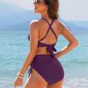 Blooming Jelly Womens High Waisted Bikini Sets Drawstring Tummy Control Swimsuits Crisscross Tie Back Bathing Suit (Purple, M)