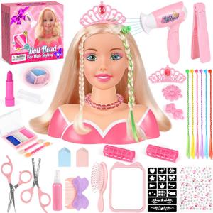 KUBUSFLY 44Pcs Hair Styling Doll Head Toys for Girls, Kids Makeup Hair Salon Pretend Play Styling Kit with Hairdryer, Straightener, Beauty Hair Toy Christmas Birthday Gift for Toddler Girls 3 4 5 6+, 7.5In X 7.3In
