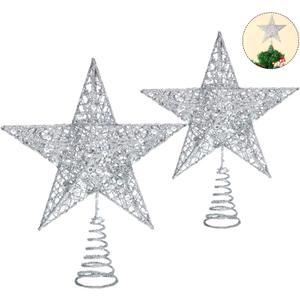 Blulu 2 Pieces Metal Glittered Christmas Tree Topper Star Treetop Hollow Wire Star Topper for Christmas Tree Ornament, 2 Sizes (Silver)