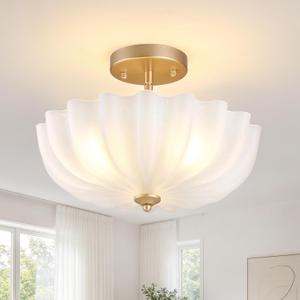 Kitchen Lights Ceiling ,15.7"Semi Flush Mount Ceiling Light Fixture with Transparent White Crack Glass Flower Shade,3-Light Modern Light Ceiling Entryway Light Fixture for Bedroom Hallway Porch, 15.75 inches