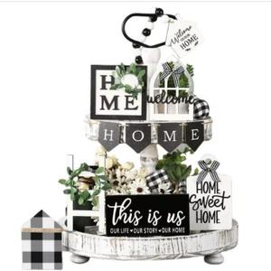 Tiered Tray Decor Set for Rustic Home Country Kitchen Dining Room Living Room Table Decorations Farmhouse Modern White and Black Tray Decorative with Wooden Beads and Board (No Tray)