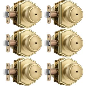 6 Pack Gold Door Knobs with Camelot Trim,Interior Door Knob with Lock,Coastal Privacy Door knob for Bath and Bedroom, Satin Brass