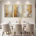 Large Framed Gold Abstract Wall Art for Living Room, 3 Piece Canvas Prints, 24" W x 36" H x 3Pcs