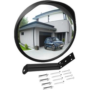 Convex Mirror Outdoor for Garage and Traffic Driveway Park Assistant, 12 in Security Mirror with Adjustable Fixing Bracket Indoor and Outdoor (Black)