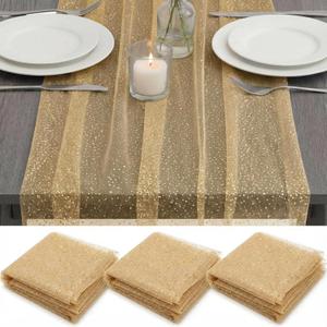3 Pcs First Communion Decorations Gauze 10 ft Table Runner Glitter Metallic Foil Sheer Tulle Chiffon Cheesecloth Sequin Table Runner for Wedding Party Anniversary Birthday (Gold)