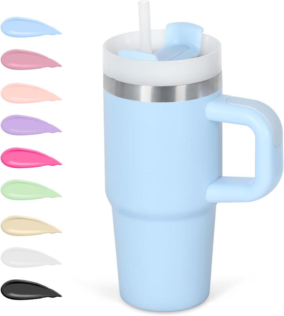 Cosictic 14 Oz Tumbler with Handle and Straw for Kids, Stainless Steel Double Wall Vacuum Insulated Cup for Children, 14 Oz Cups for Kids (Sky Blue)