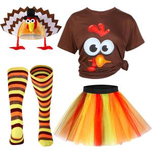 HooLing 4 Pcs Thanksgiving Turkey Costumes Set for Women Turkey Face T Shirt Tutu Skirt Knee High Socks Gobbler Hats (Medium, Brown)