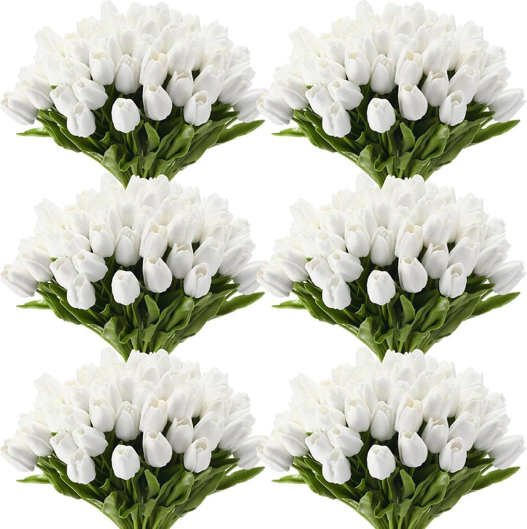 Janinka 60pcs Artificial Tulip Flowers Fake PU Tulips Faux Latex Bouquet Flower Centerpieces Arrangement Floral for Mother Day Wedding Spring Decorations (White)